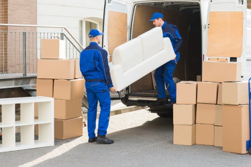 Office furniture and business items prepared for moving