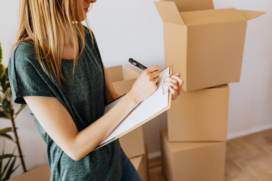A woman with long blonde hair, dressed in a dark green short-sleeved shirt, is indoors, filling out a checklist on a small whiteboard with a black marker. Behind her, there are three large cardboard m