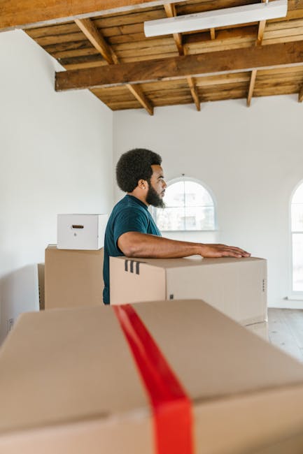 A man with curly hair and a beard, dressed in a blue shirt, is standing inside a bright, spacious room with white walls and a wooden ceiling structure. He is holding a large cardboard box with his right hand resting on top of it, while several other cardboard boxes are stacked around him, some of which are wrapped with red packing tape. The room features two large arched windows allowing natural light to enter, illuminating the scene. The environment appears to be part of a home during a house removal or furniture transport process, with the man participating in packing or moving activities, supported by Swiss Cottage Man and Van’s professional removals services. The setting suggests an ongoing packing and loading process for home relocation, with boxes prepared for transport. The scene captures the logistical steps involved in a furniture and belongings transfer, emphasizing careful handling and organisation in a residential moving context.