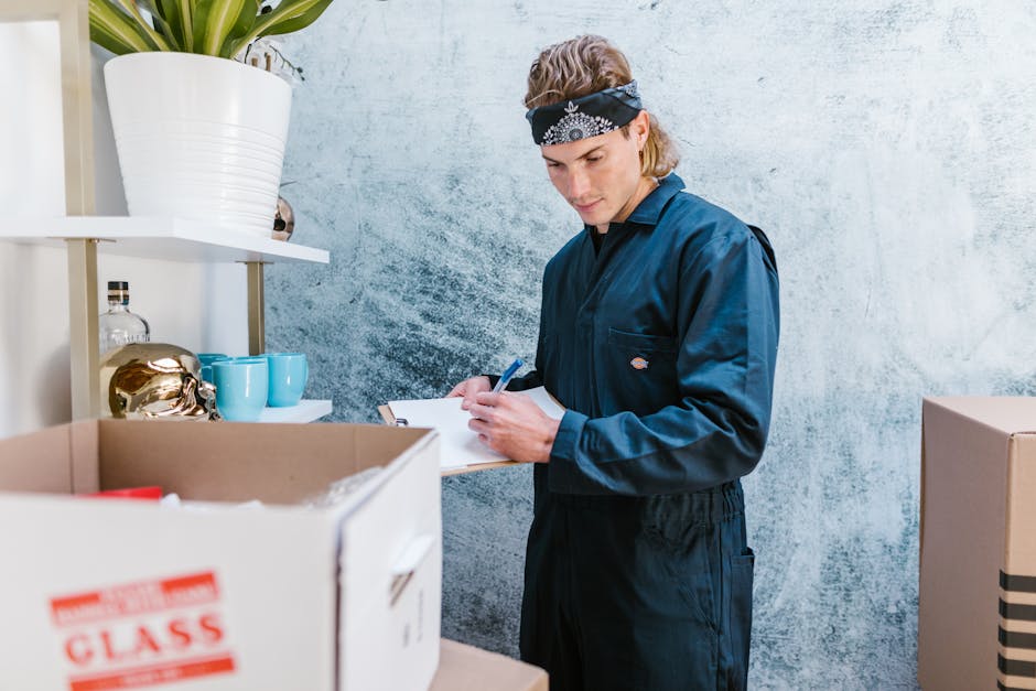 A young man wearing a dark blue uniform and a black bandana with white patterns is inside a residential property, standing beside a cardboard box filled with various items during a house relocation. He is holding a clipboard and writing with a blue pen, likely checking an inventory or packing list as part of the packing and moving process. The background features a textured light grey wall, with a white shelf positioned against it. On the shelf, there are decorative objects, including a white ceramic pot with a green plant and a set of light blue cups and a golden vase. The scene is illuminated by natural or soft indoor lighting, creating a practical and organized environment typical of professional furniture and household item packing by Swiss Cottage Man and Van, supporting efficient furniture transport and home relocation services.