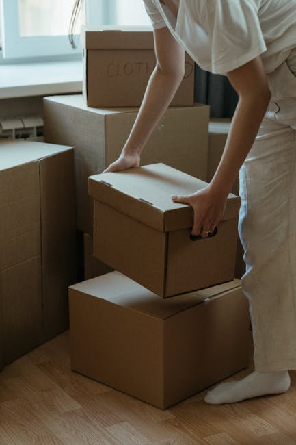 A man with curly hair and a beard, dressed in a blue shirt, is standing inside a bright, spacious room with white walls and a wooden ceiling structure. He is holding a large cardboard box with his right hand resting on top of it, while several other cardboard boxes are stacked around him, some of which are wrapped with red packing tape. The room features two large arched windows allowing natural light to enter, illuminating the scene. The environment appears to be part of a home during a house removal or furniture transport process, with the man participating in packing or moving activities, supported by Swiss Cottage Man and Van’s professional removals services. The setting suggests an ongoing packing and loading process for home relocation, with boxes prepared for transport. The scene captures the logistical steps involved in a furniture and belongings transfer, emphasizing careful handling and organisation in a residential moving context.